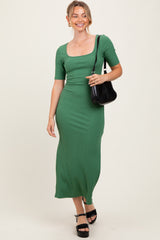 Green Ribbed Short Sleeve Side Slit Midi Dress