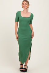 Green Ribbed Short Sleeve Side Slit Midi Dress