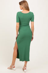 Green Ribbed Short Sleeve Side Slit Maternity Midi Dress