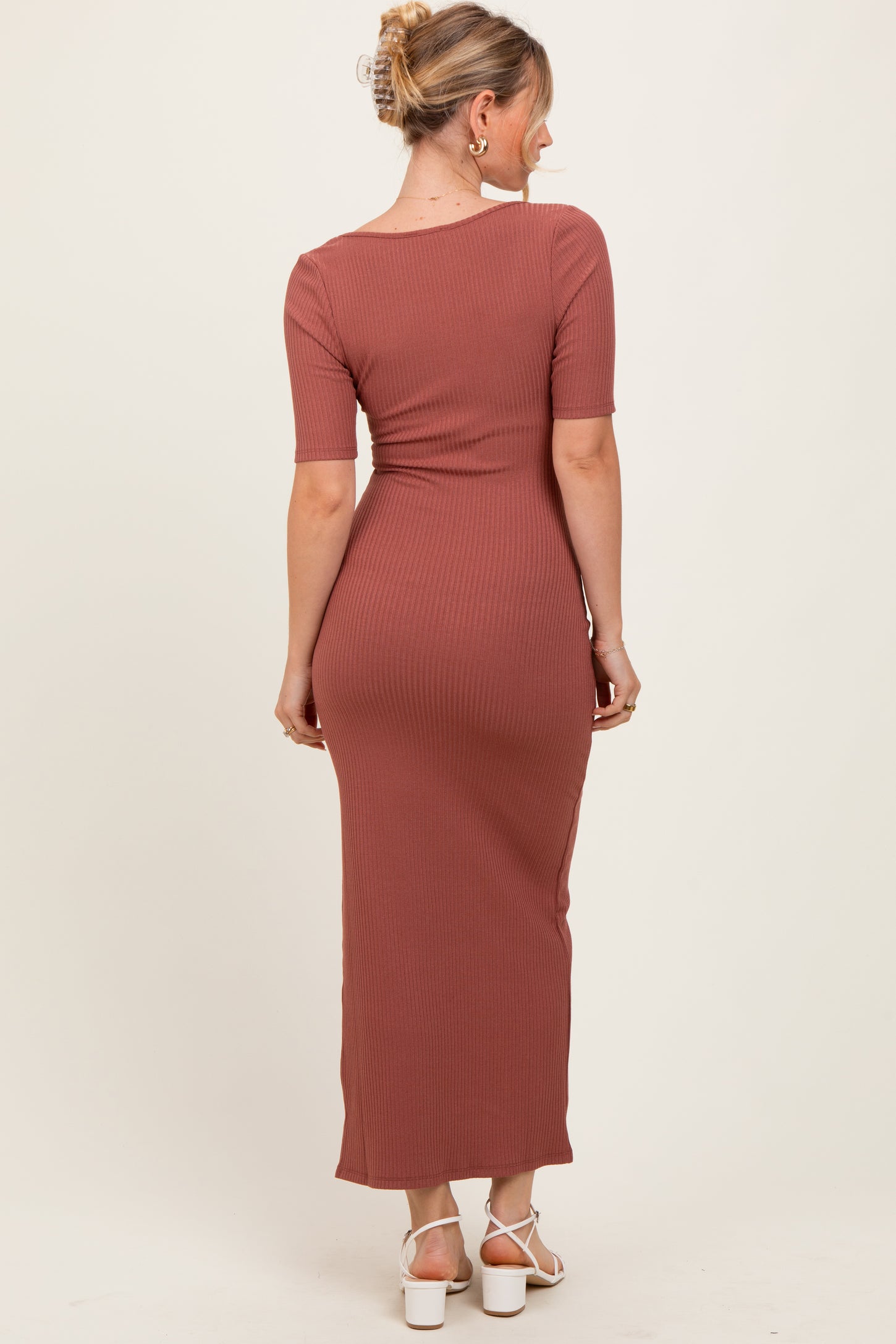 Mauve Ribbed Short Sleeve Side Slit Midi Dress