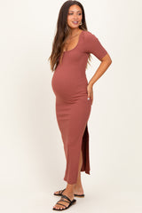 Mauve Ribbed Short Sleeve Side Slit Maternity Midi Dress