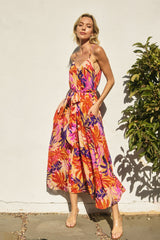Orange Tropical Sash Tie Maxi Dress