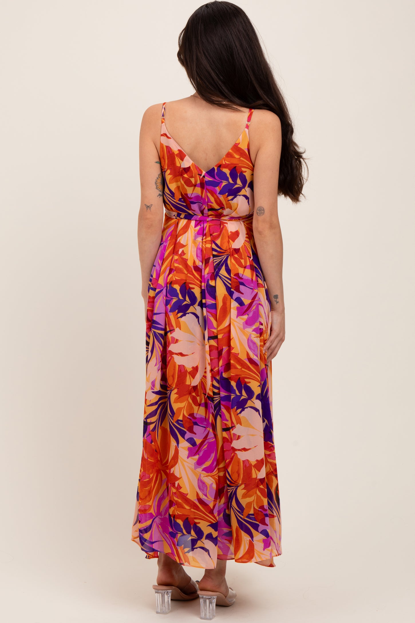 Orange Tropical Sash Tie Maternity Maxi Dress