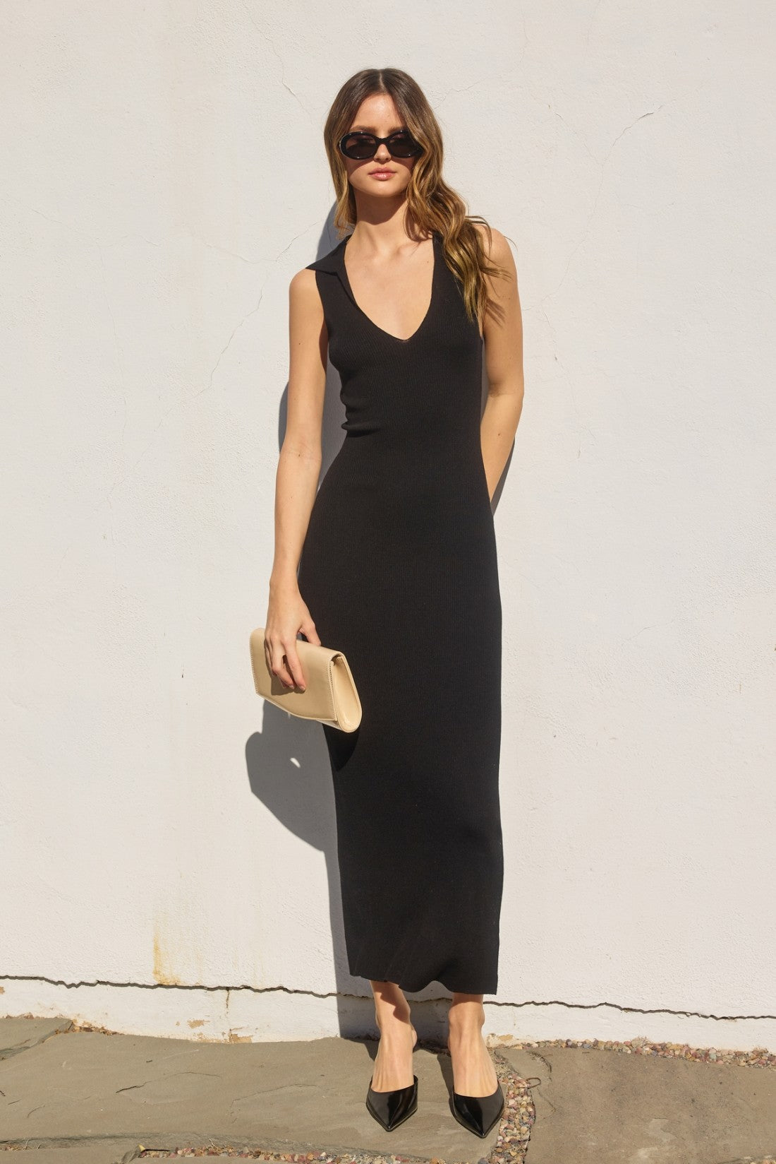 Black Knit Collared Deep V-Neck Maternity Maxi Dress