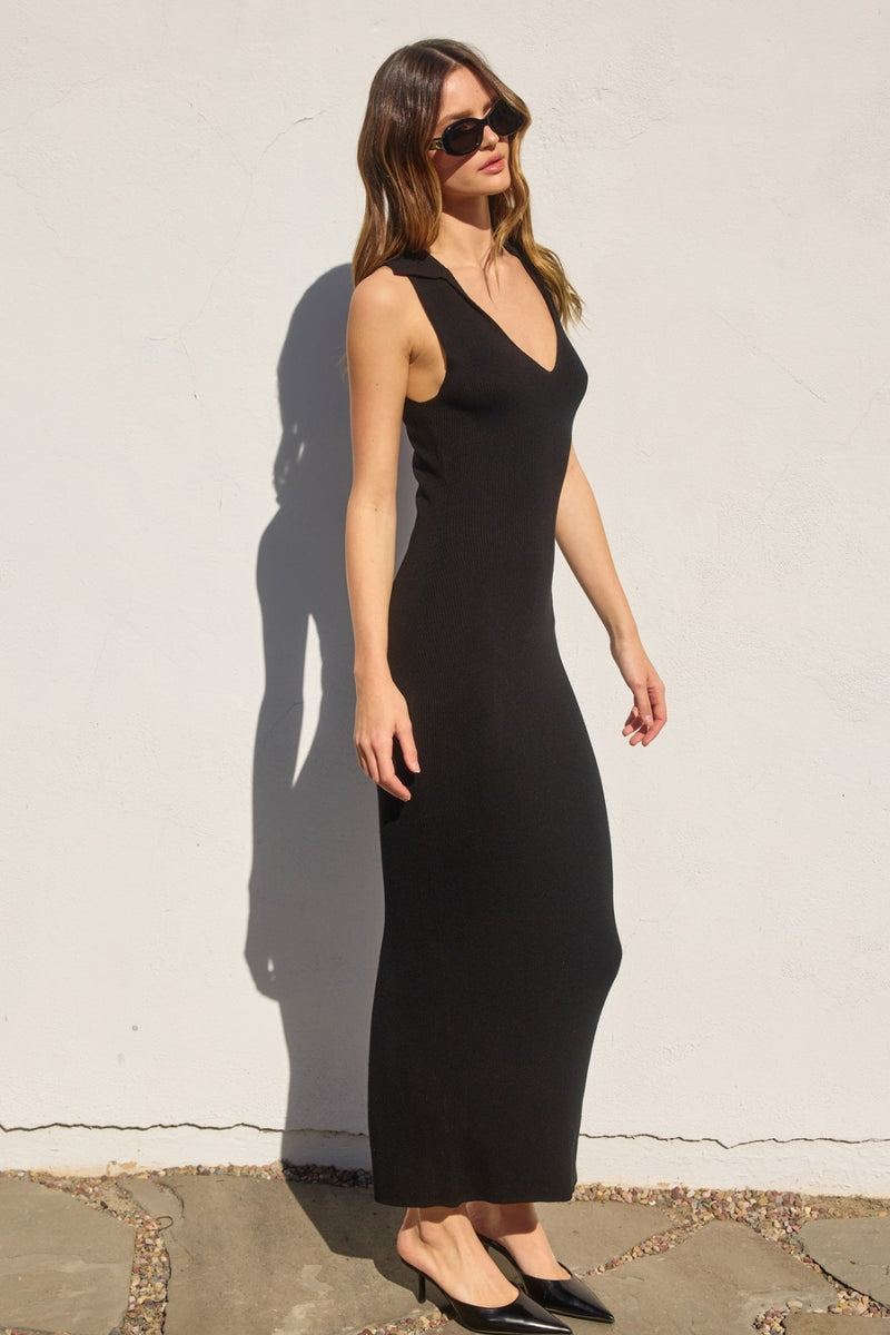 Black Knit Collared Deep V-Neck Maxi Dress – PinkBlush
