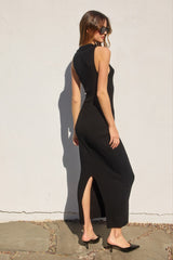Black Knit Collared Deep V-Neck Maxi Dress