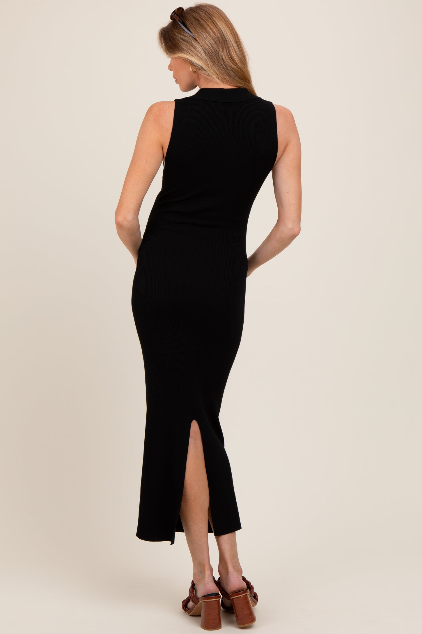 Black Knit Collared Deep V-Neck Maternity Maxi Dress