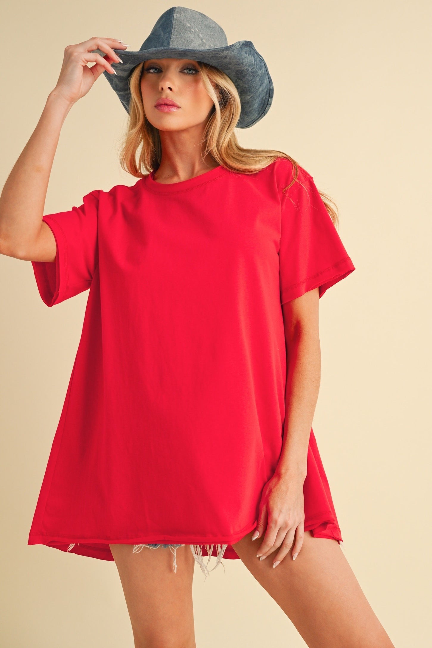 Red Oversized Cut Hem Short Sleeve T-Shirt