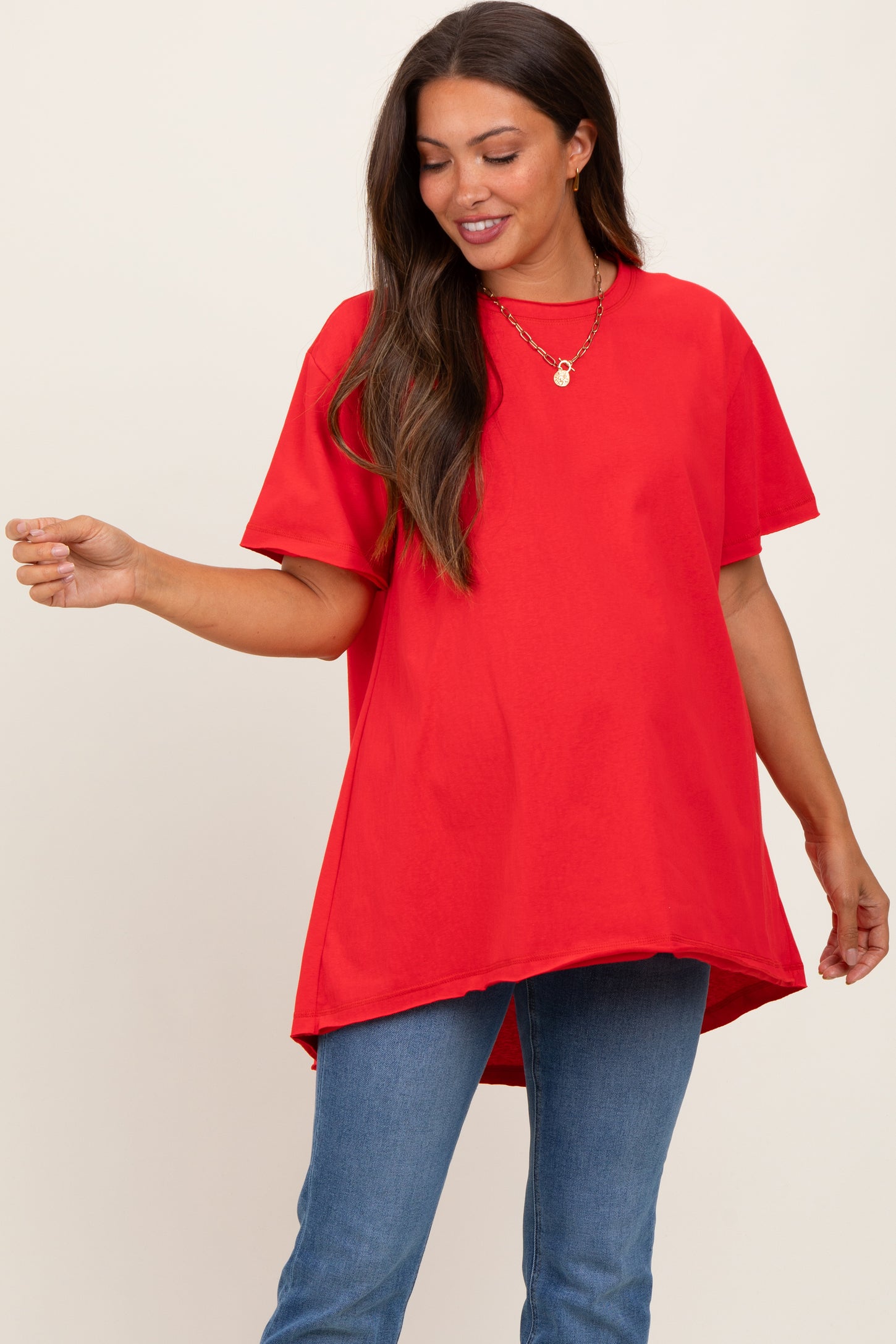 Red Oversized Cut Hem Maternity Short Sleeve T-Shirt