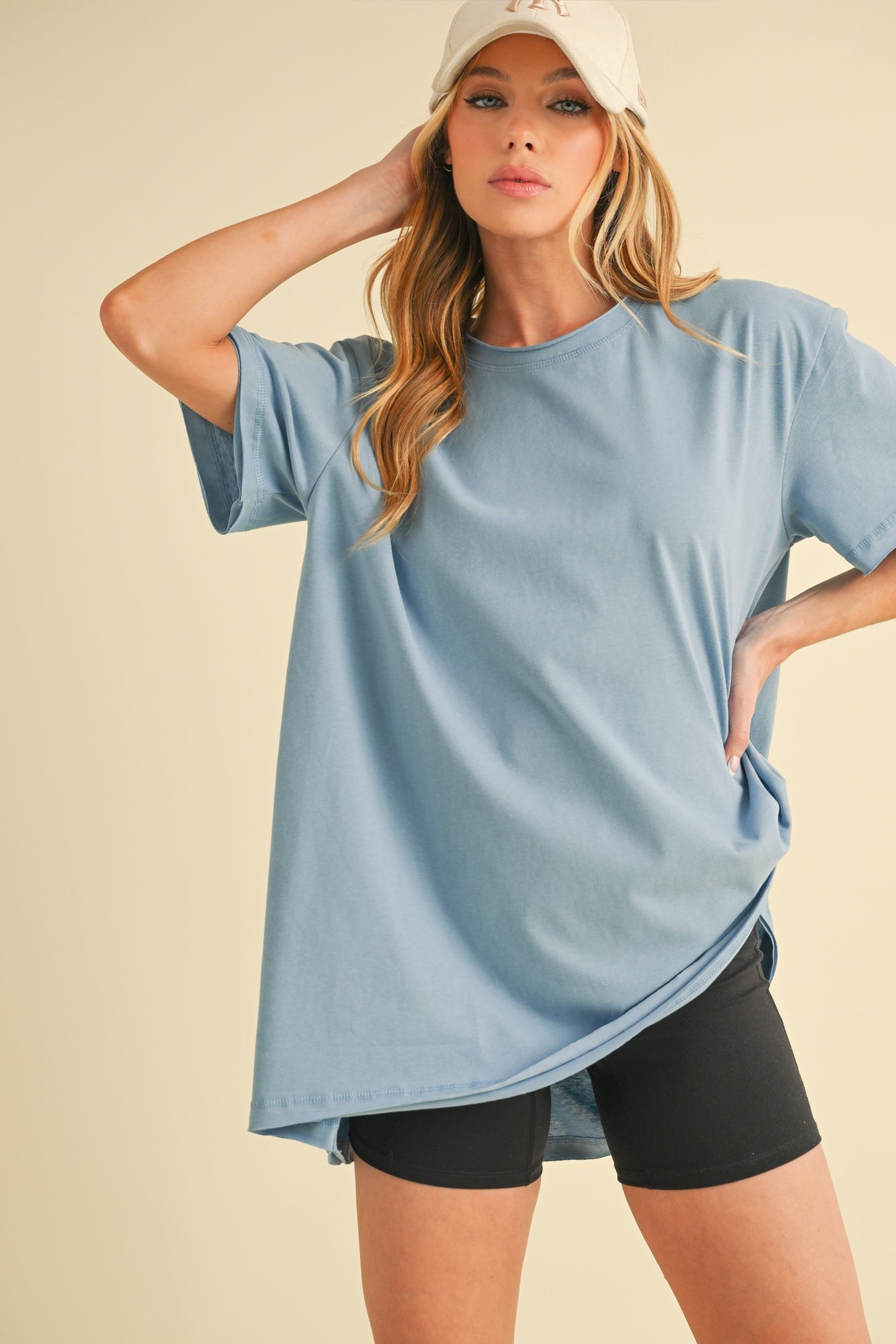 Blue Oversized Cut Hem Short Sleeve T-Shirt