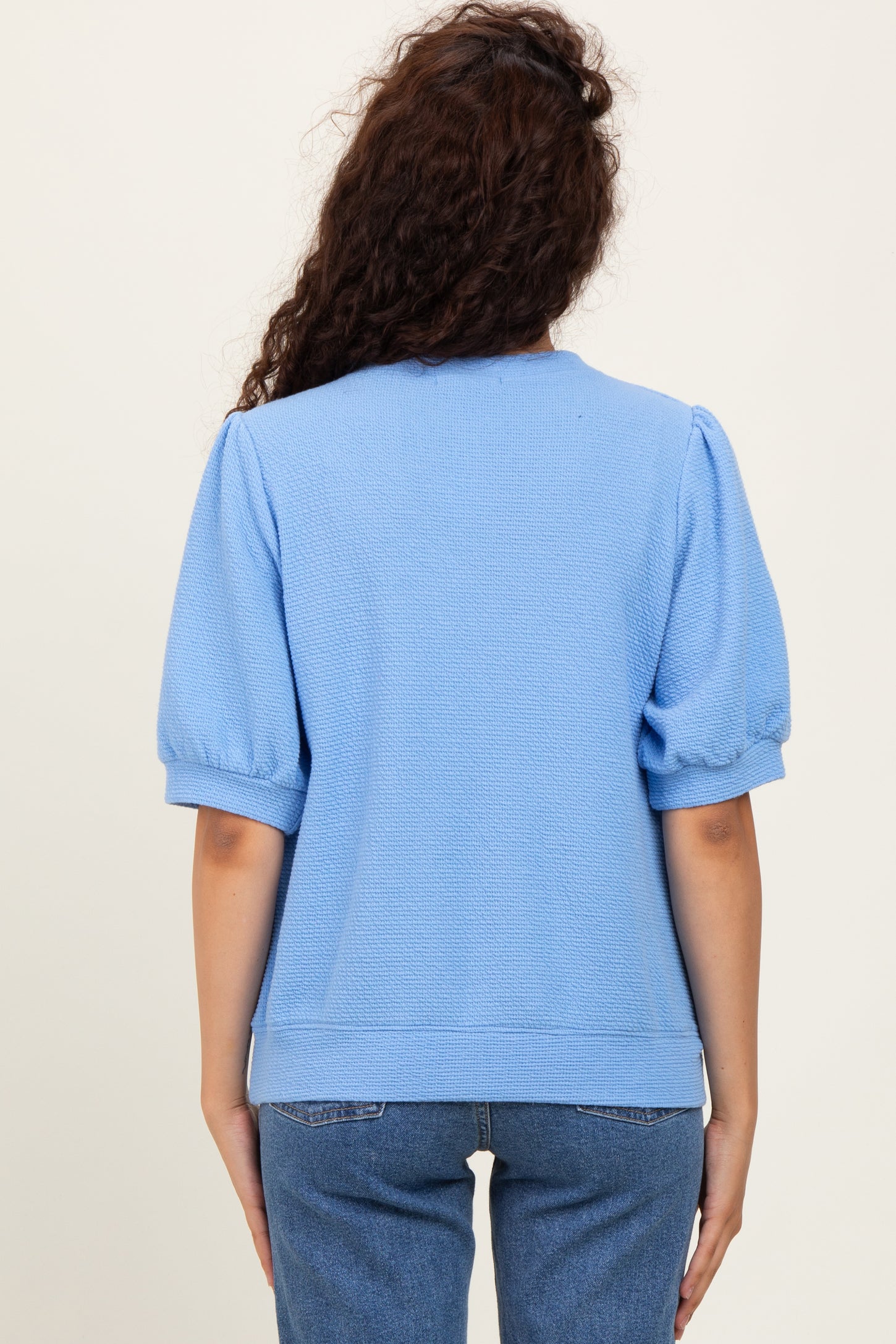 Blue Knit Puff Sleeve Top