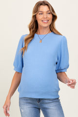 Blue Knit Maternity Puff Sleeve Top