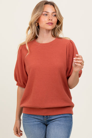 Rust Knit Puff Sleeve Top