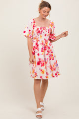 Cream/Red Floral Smocked Top Mini Dress