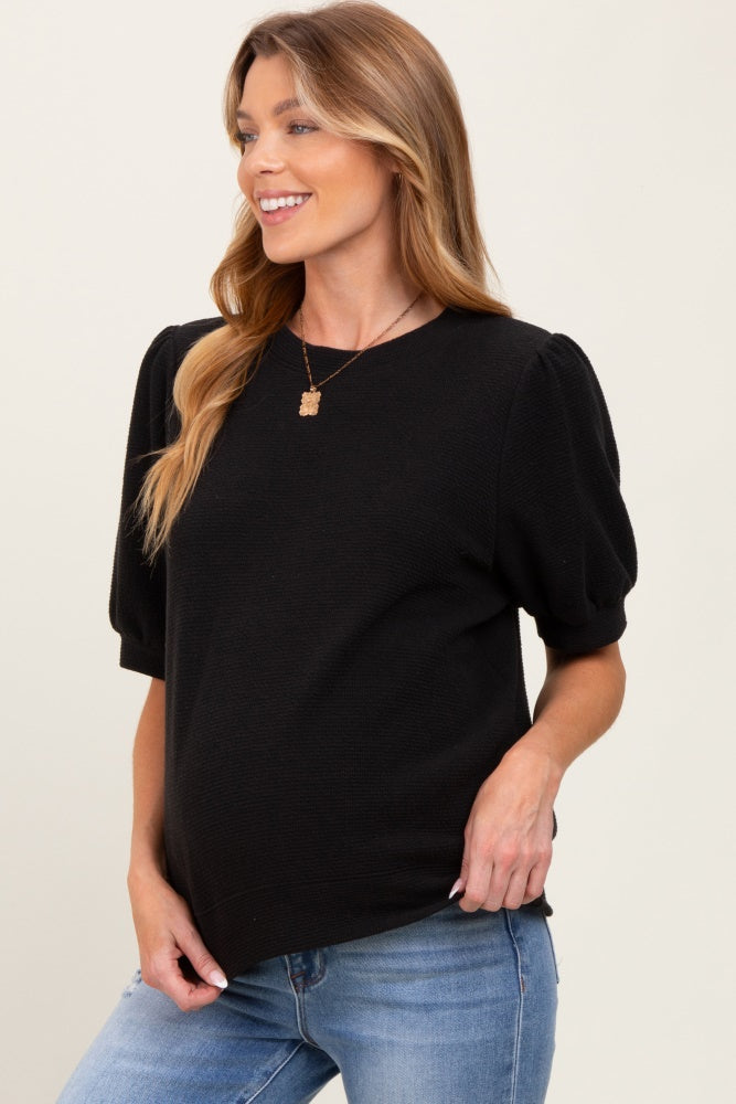Black Knit Maternity Puff Sleeve Top