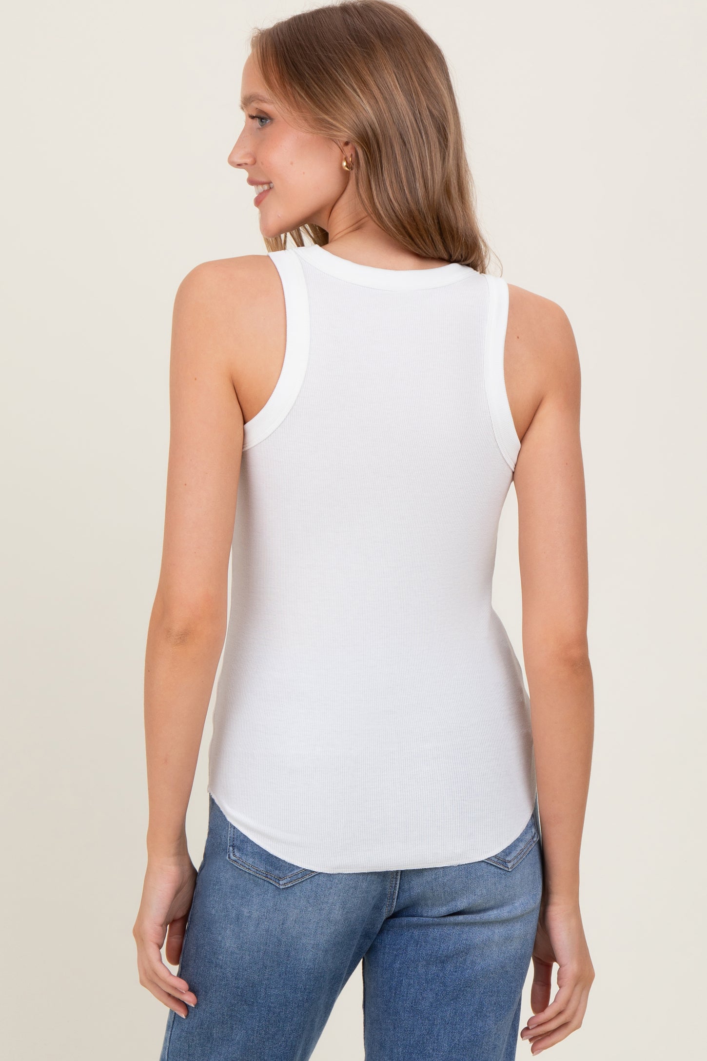 Ivory Ribbed Basic Crew Neck Tank