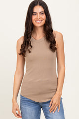Light Taupe Ribbed Basic Crew Neck Tank