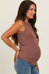 Burgundy Ribbed Basic Crew Neck Maternity Tank