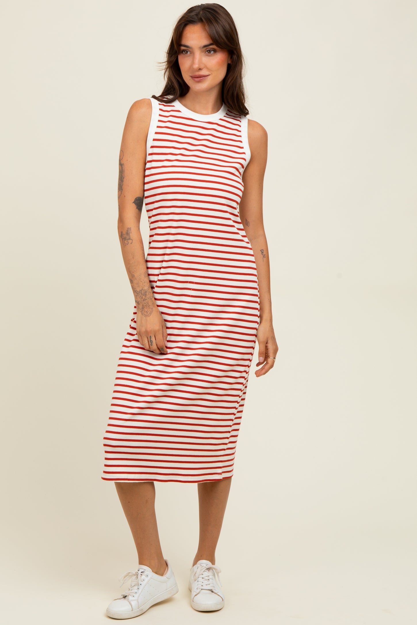 Red Striped Ribbed Knit Sleeveless Midi Dress PinkBlush Red Striped Ribbed Knit Sleeveless Midi Dress PinkBlush