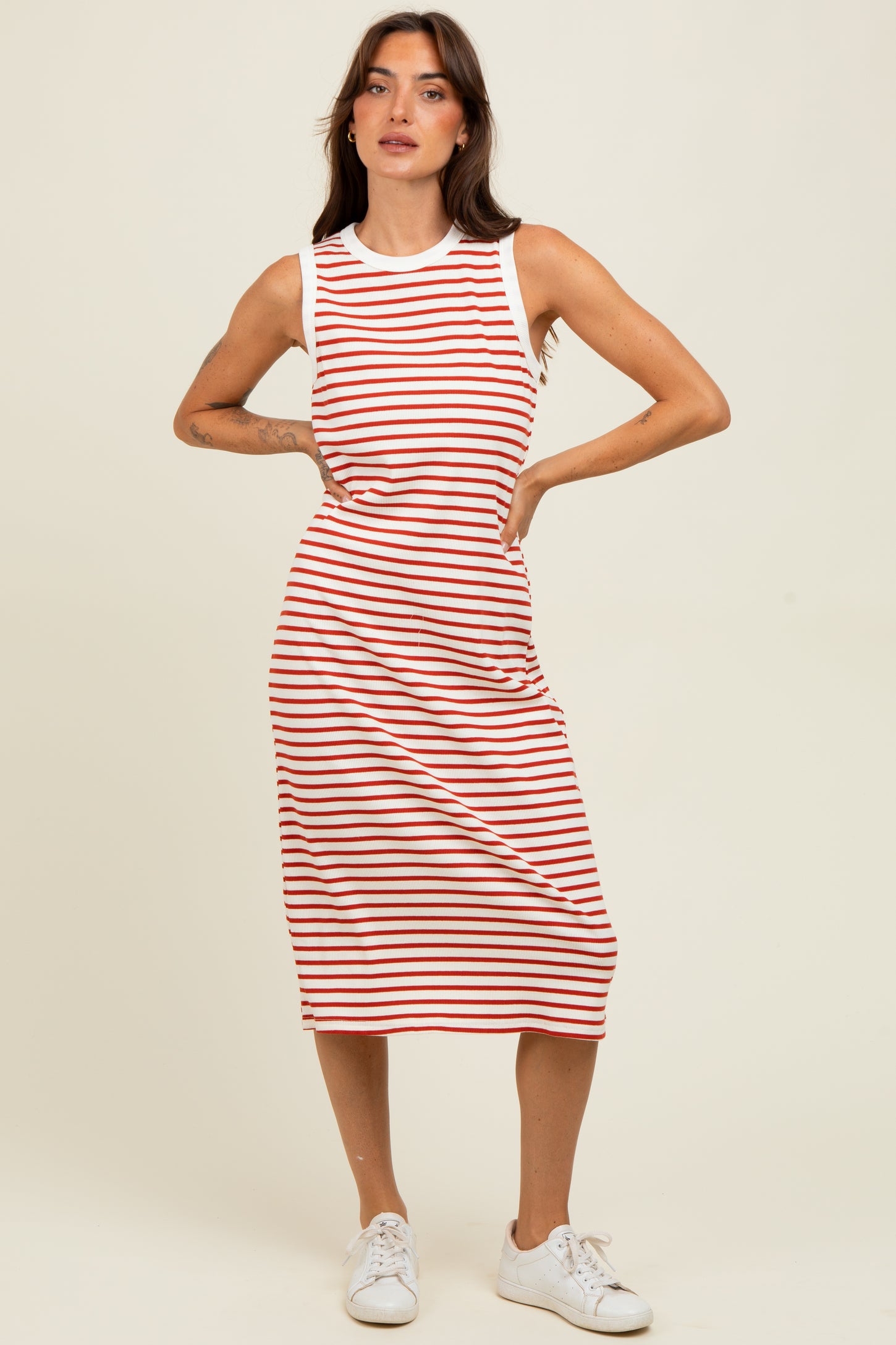 Red Striped Ribbed Knit Sleeveless Midi Dress Red Striped Ribbed Knit Sleeveless Midi Dress