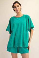 Green Oversized Raw Hem Short Sleeve Tee