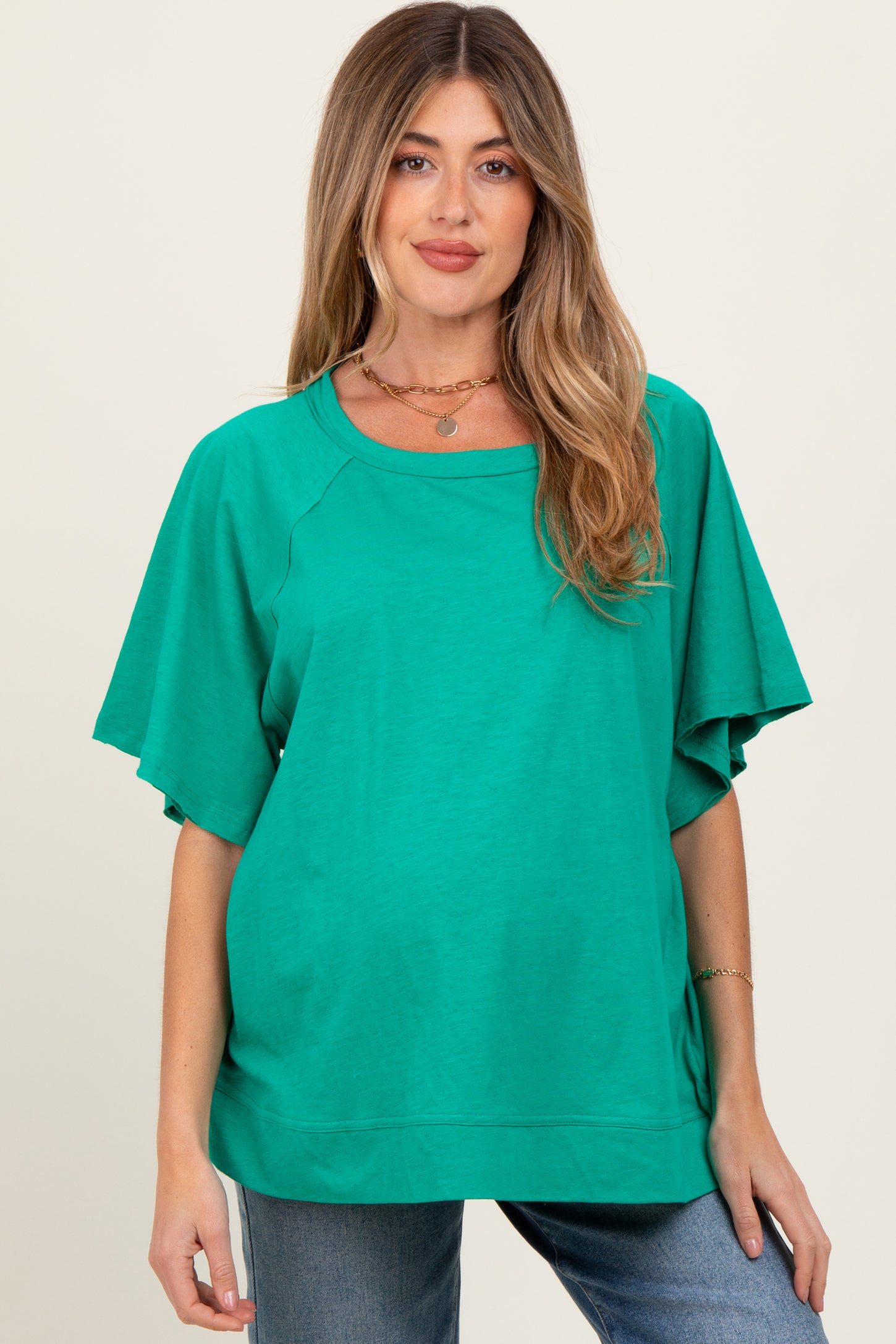 Green Oversized Raw Hem Short Sleeve Maternity Tee