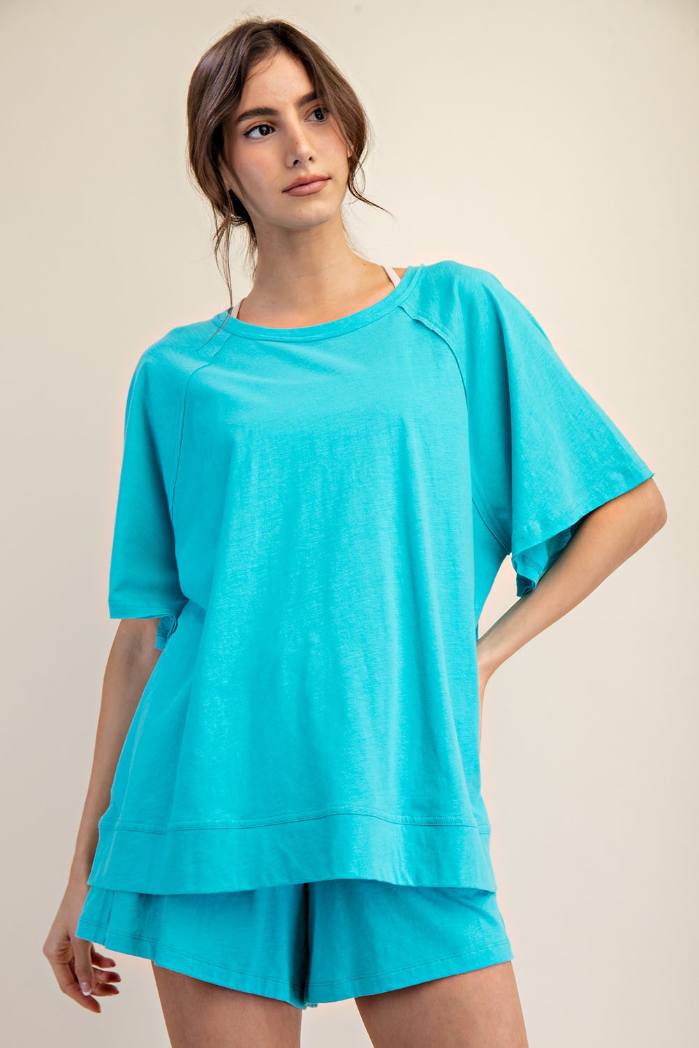 Turquoise Oversized Raw Hem Short Sleeve Maternity Tee