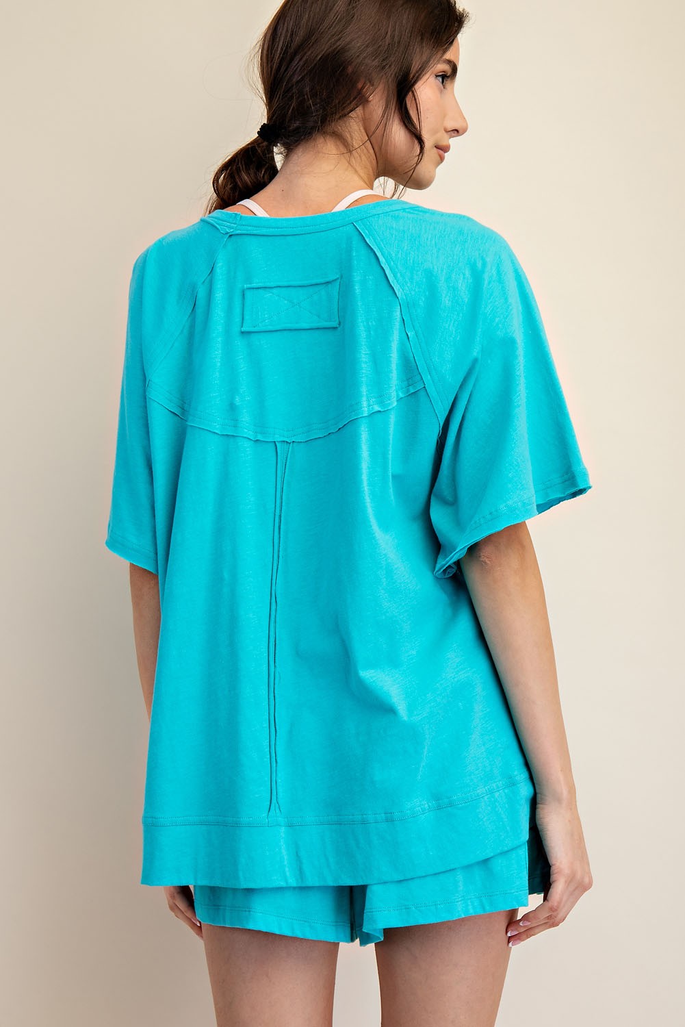 Turquoise Oversized Raw Hem Short Sleeve Tee
