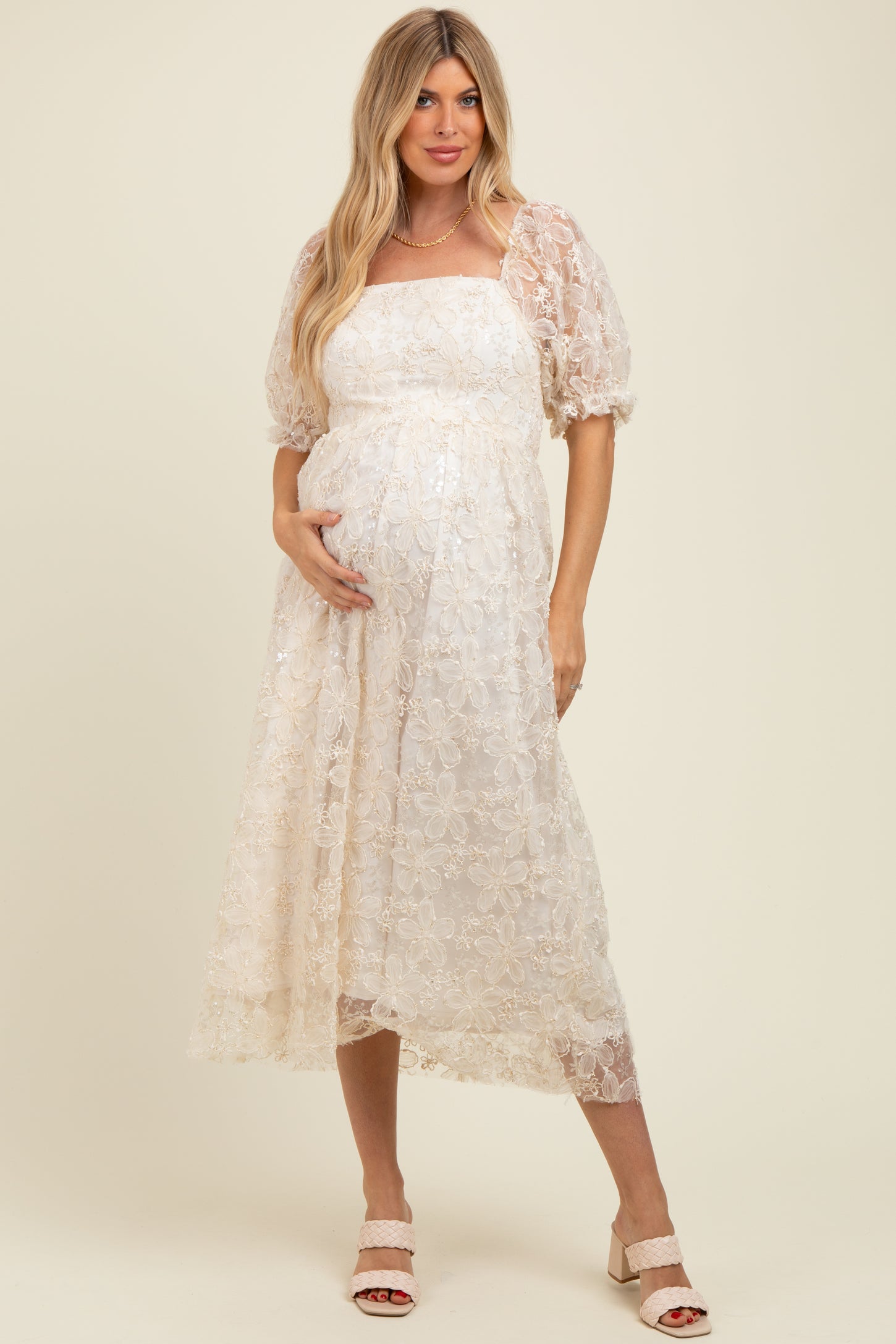 maternity dresses loose Cream Floral Mesh Overlay Tie Back Maternity Midi Dress