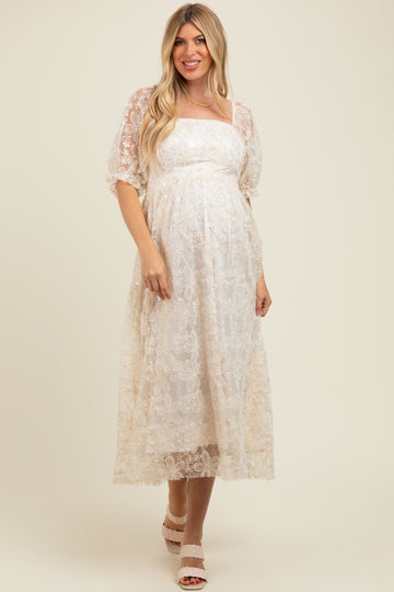 Cream Floral Mesh Overlay Tie Back Maternity Midi Dress