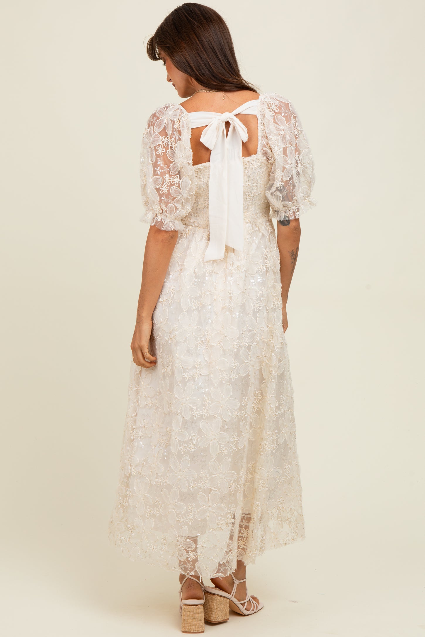 Cream Floral Mesh Overlay Tie Back Midi Dress