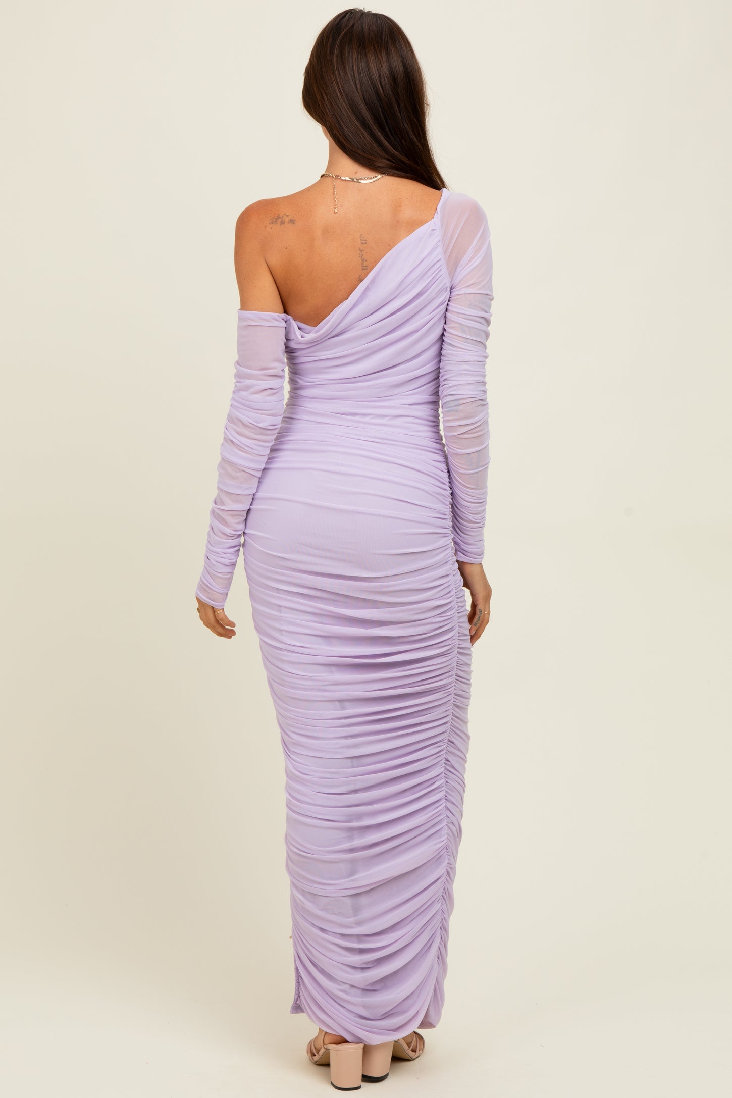 Lavender Ruched Mesh One Shoulder Long Sleeve Maxi Dress