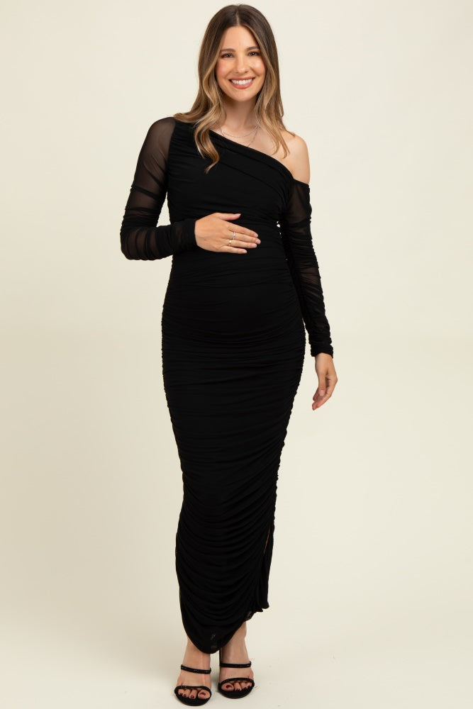 Black Ruched Mesh One Shoulder Long Sleeve Maternity Maxi Dress Black Ruched Mesh One Shoulder Long Sleeve Maternity Maxi Dress