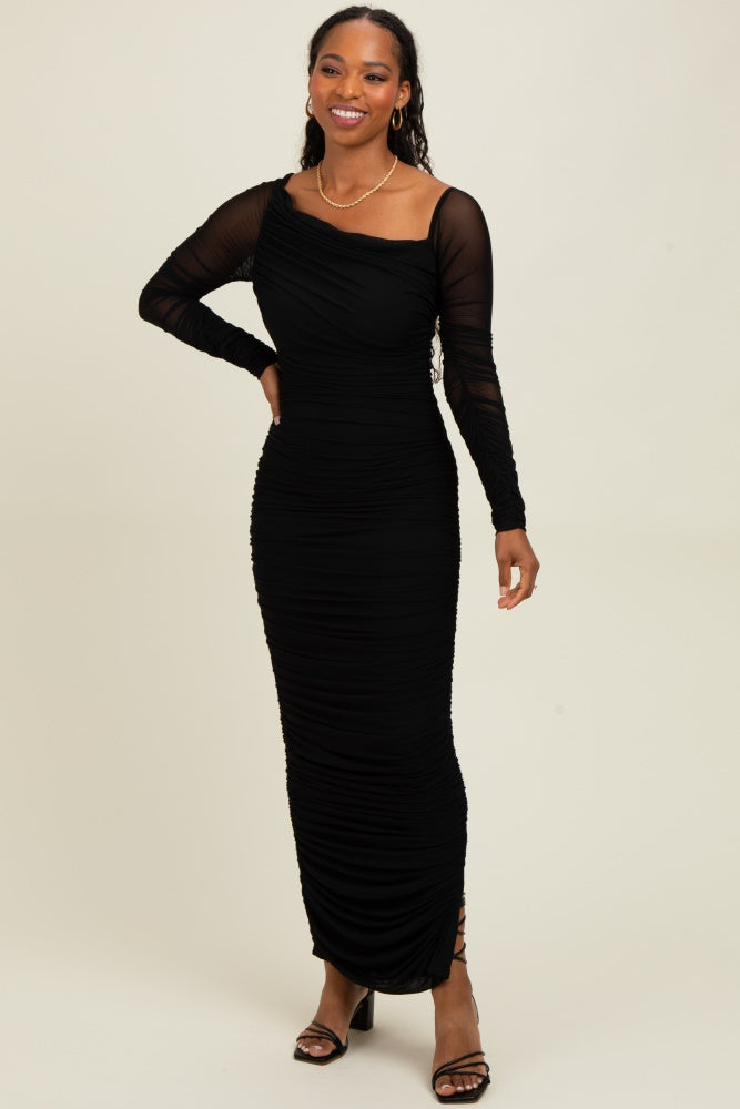Black Ruched Mesh One Shoulder Long Sleeve Maternity Maxi Dress – PinkBlush