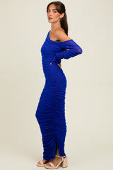 Royal Ruched Mesh One Shoulder Long Sleeve Maxi Dress