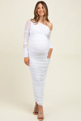 White Ruched Mesh One Shoulder Long Sleeve Maternity Maxi Dress