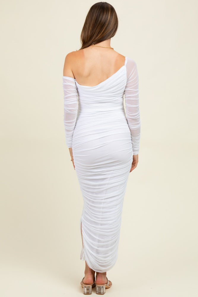 White Ruched Mesh One Shoulder Long Sleeve Maternity Maxi Dress White Ruched Mesh One Shoulder Long Sleeve Maternity Maxi Dress