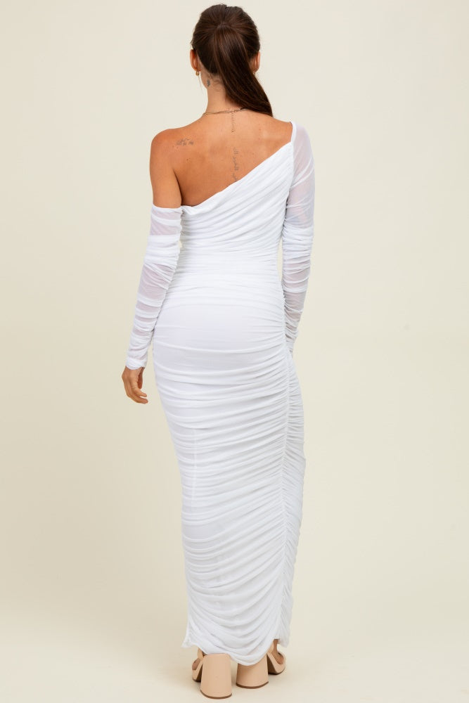 White Ruched Mesh One Shoulder Long Sleeve Maxi Dress