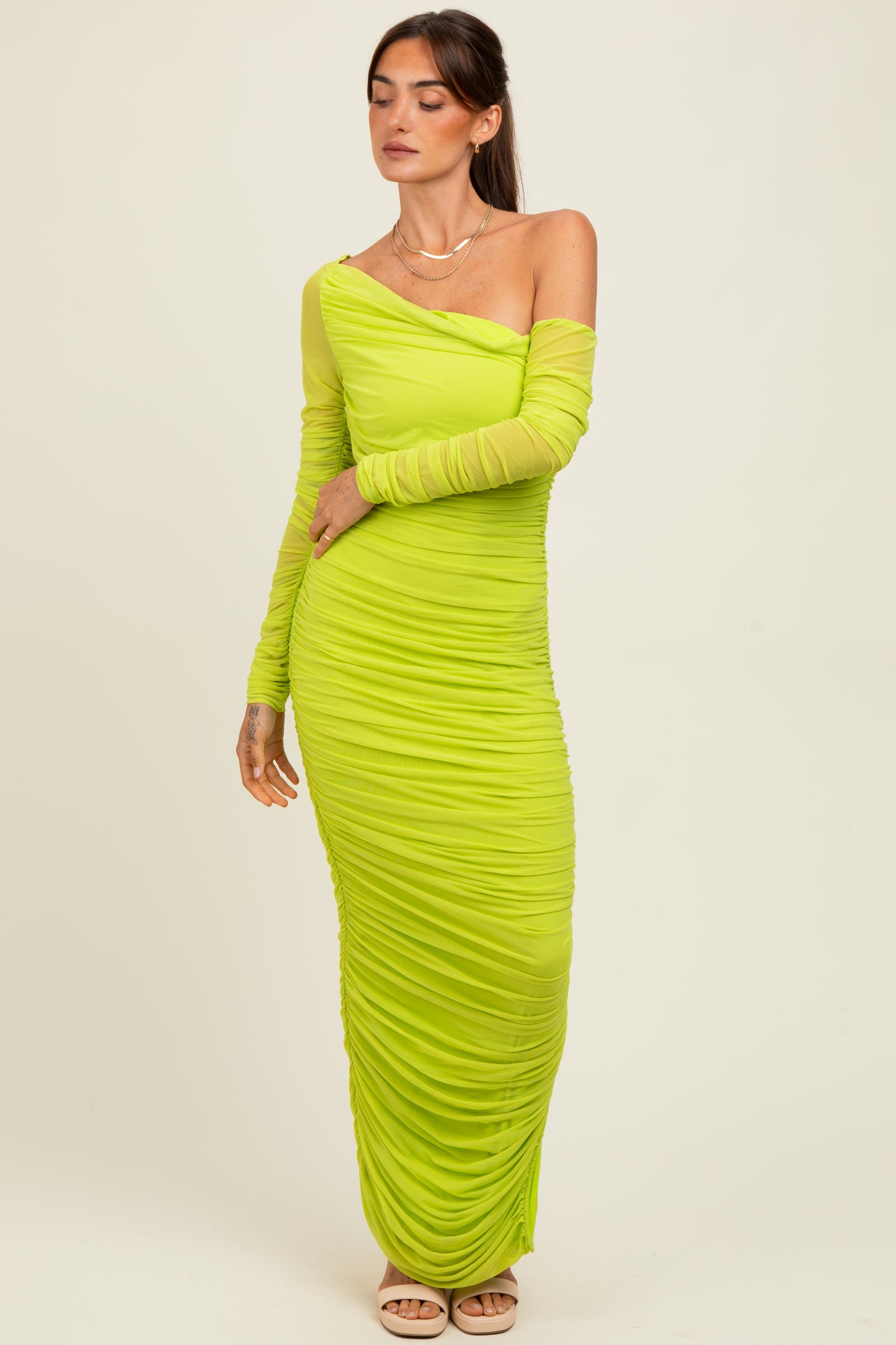 Lime Ruched Mesh One Shoulder Long Sleeve Maternity Maxi Dress