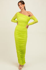 Lime Ruched Mesh One Shoulder Long Sleeve Maxi Dress