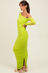 Lime Ruched Mesh One Shoulder Long Sleeve Maxi Dress