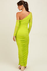 Lime Ruched Mesh One Shoulder Long Sleeve Maxi Dress