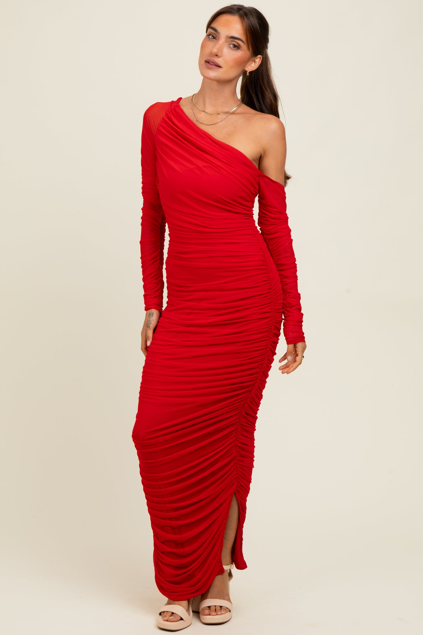 Red Ruched Mesh One Shoulder Long Sleeve Maxi Dress