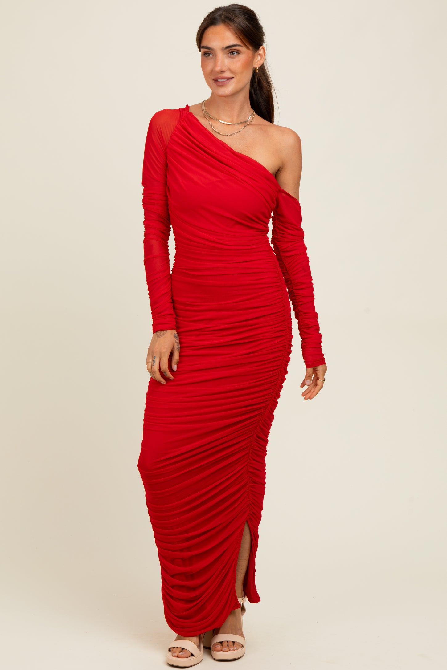 Red Ruched Mesh One Shoulder Long Sleeve Maxi Dress Red Ruched Mesh One Shoulder Long Sleeve Maxi Dress