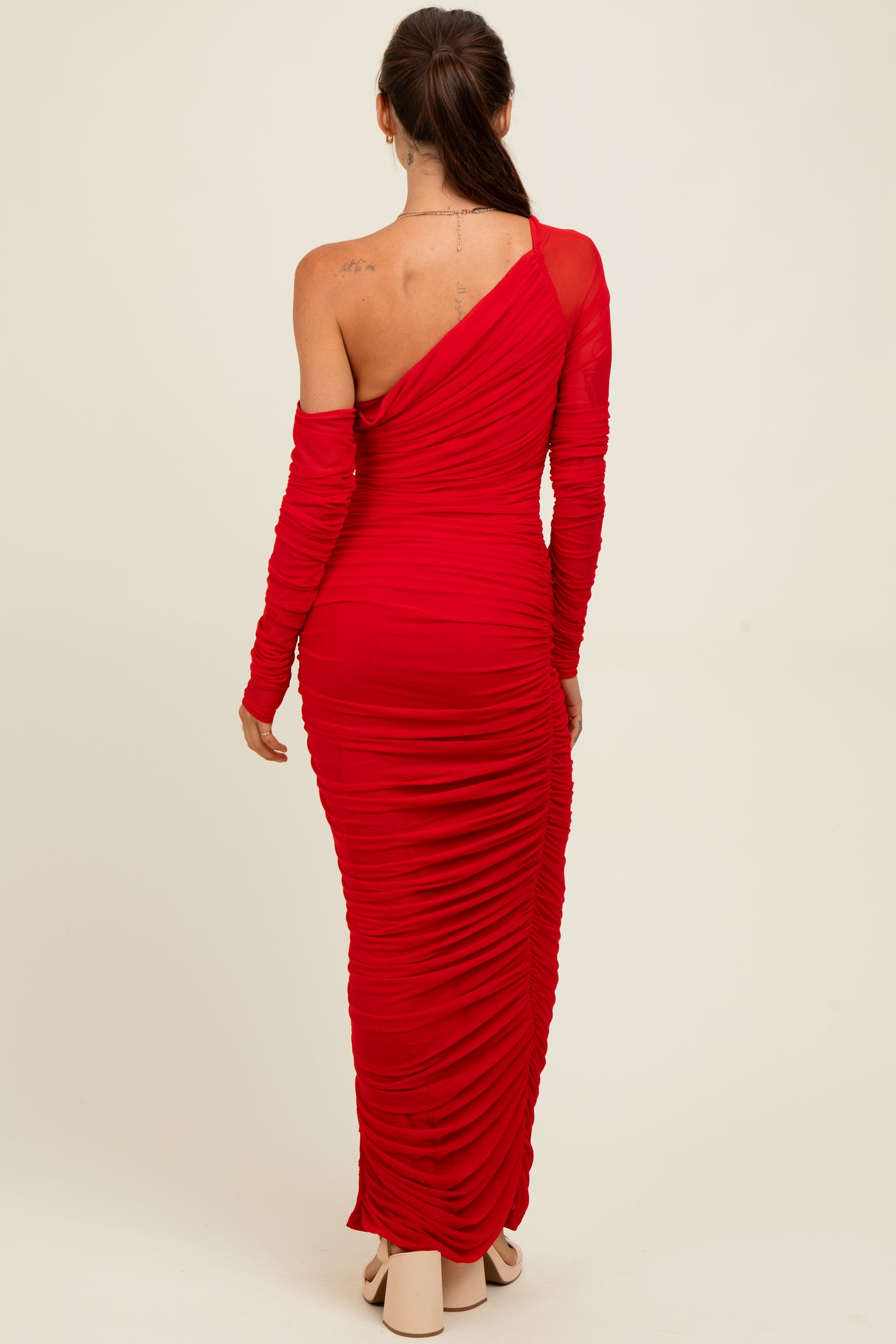 Red Ruched Mesh One Shoulder Long Sleeve Maxi Dress PinkBlush Red Ruched Mesh One Shoulder Long Sleeve Maxi Dress PinkBlush