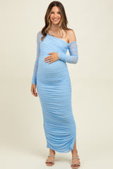 Light Blue Ruched Mesh One Shoulder Long Sleeve Maternity Maxi Dress