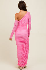 Pink Ruched Mesh One Shoulder Long Sleeve Maxi Dress