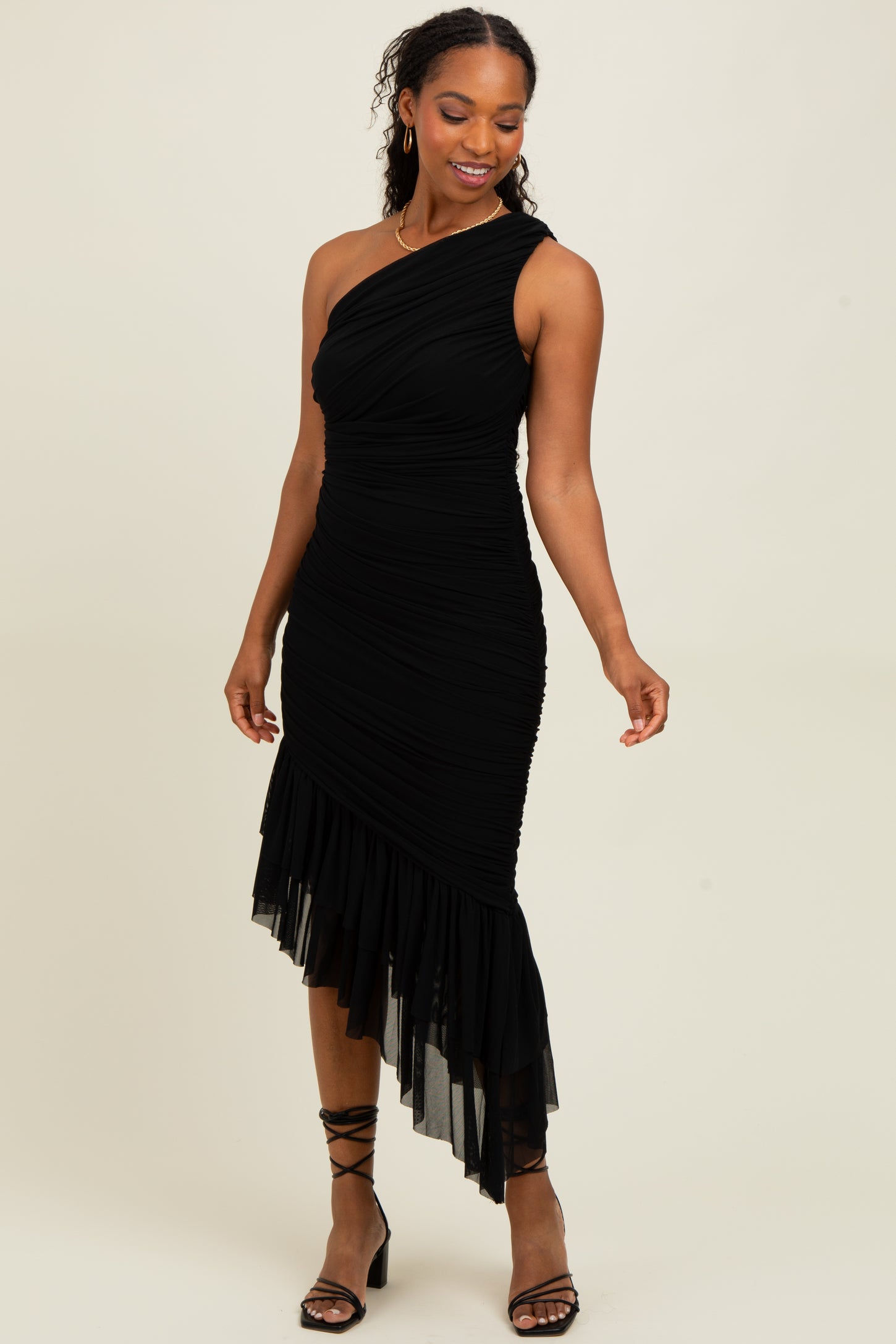 Black Ruched Mesh One Shoulder Asymmetric Maternity Dress