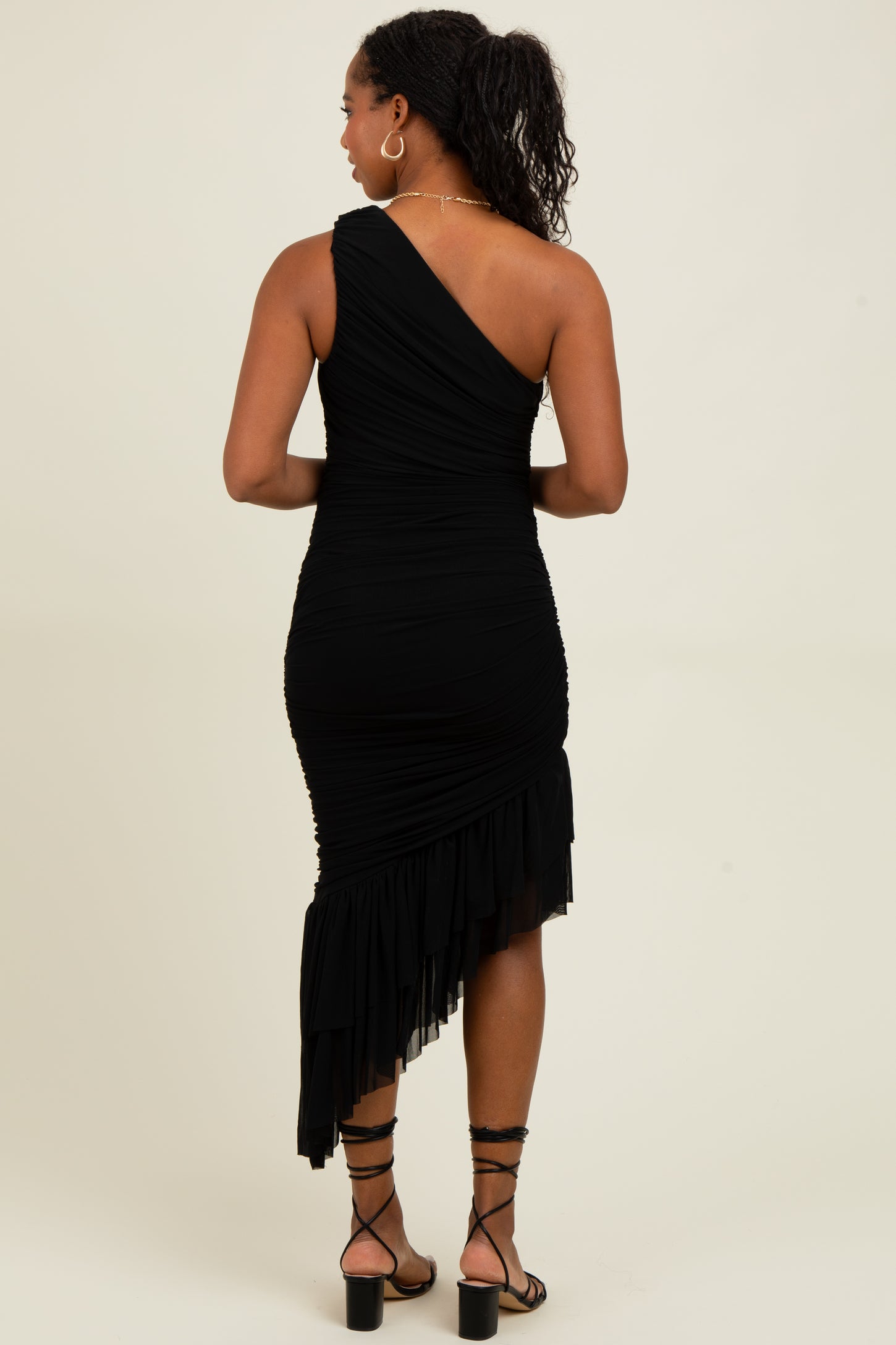 black one shoulder asymmetric dress Akeeva Ruched Asymmetric One-Shoulder Maxi Dress in Black