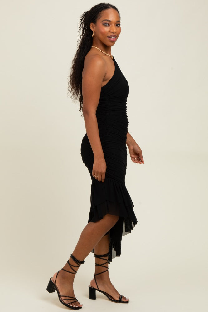 Black Ruched Mesh One Shoulder Asymmetric Dress